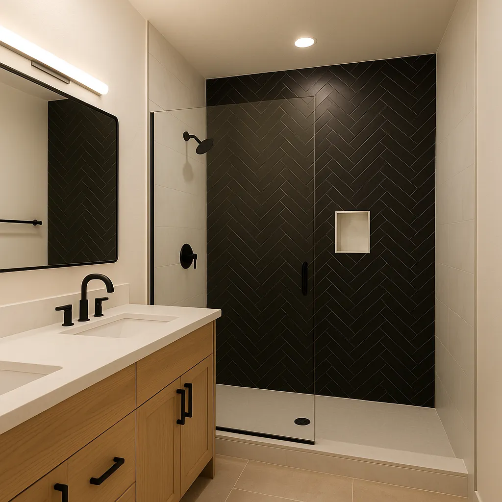 Designer herringbone tile shower