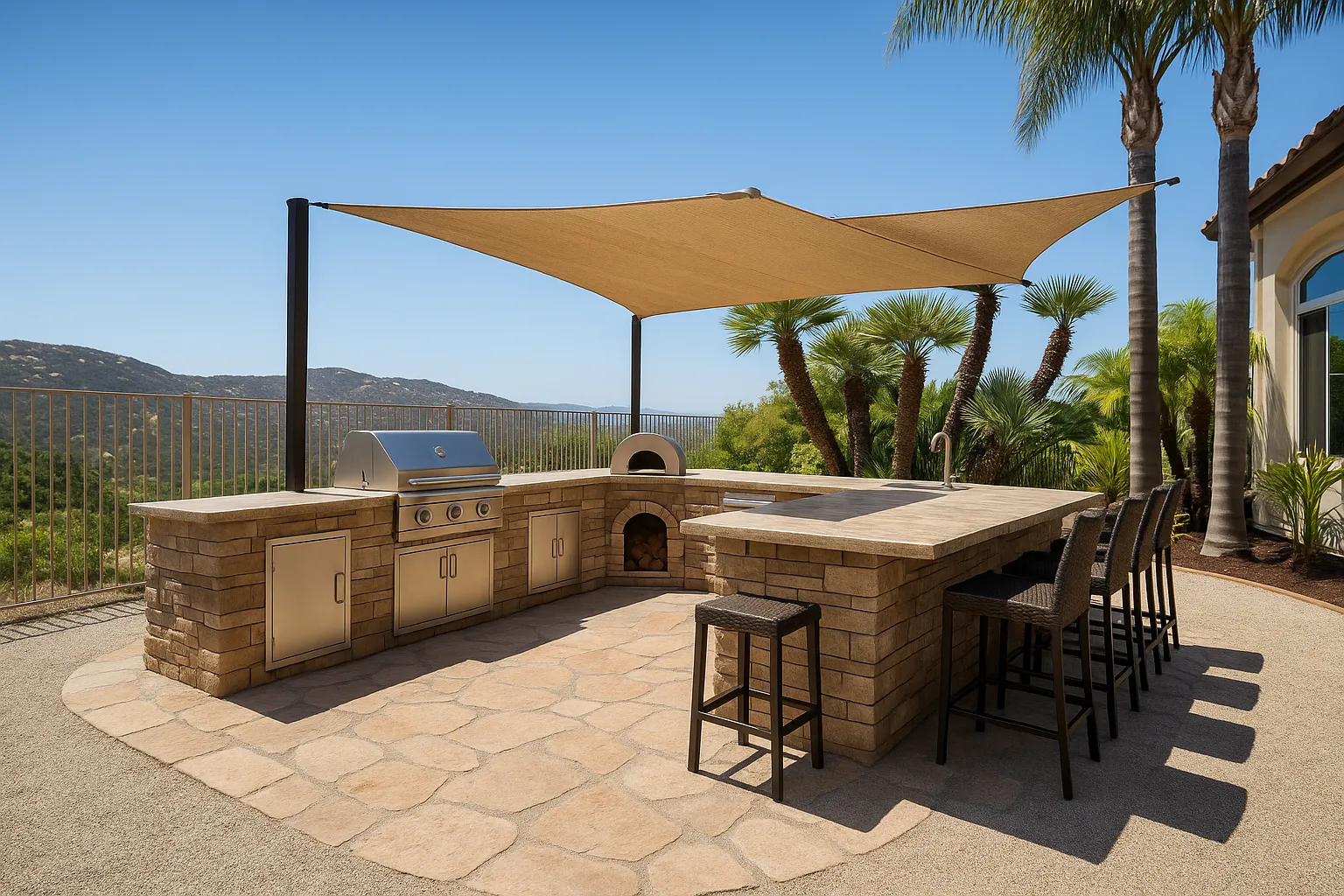 Outdoor kitchen with shade structure